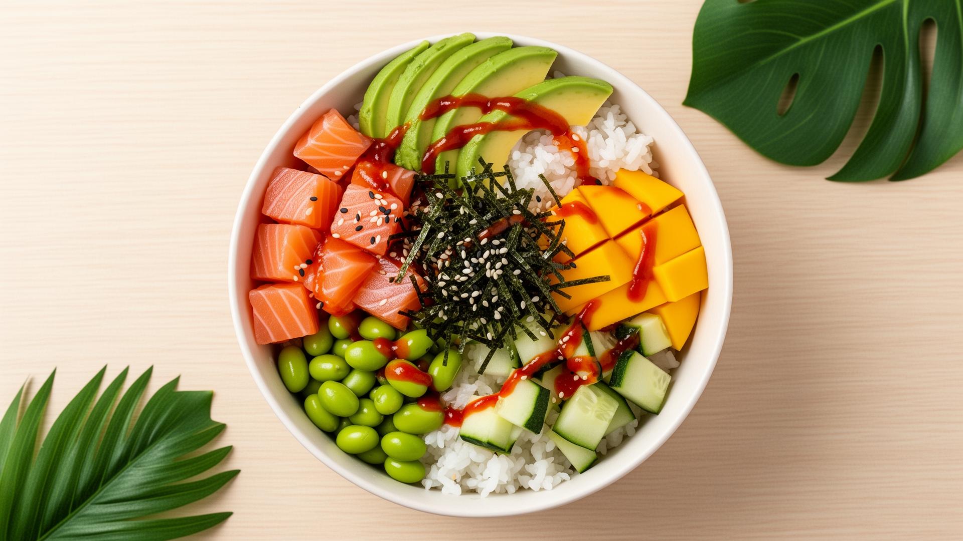 Poke bowl fresco com salmão, abacate, manga e arroz